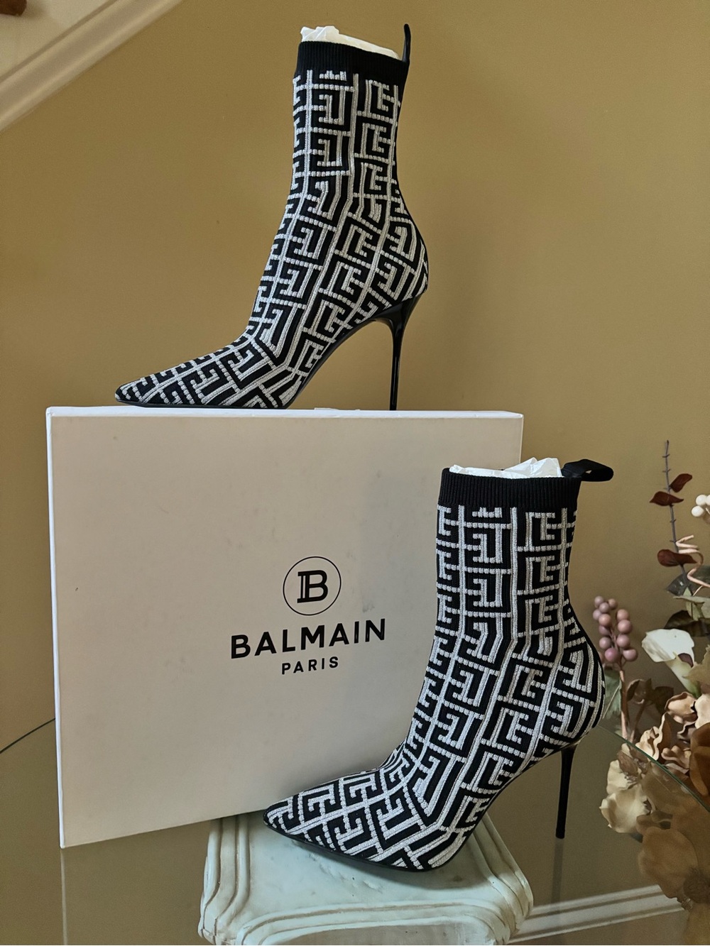 Balmain Skye Maille Monogram Knit Sock Boots Black Silver EU 39